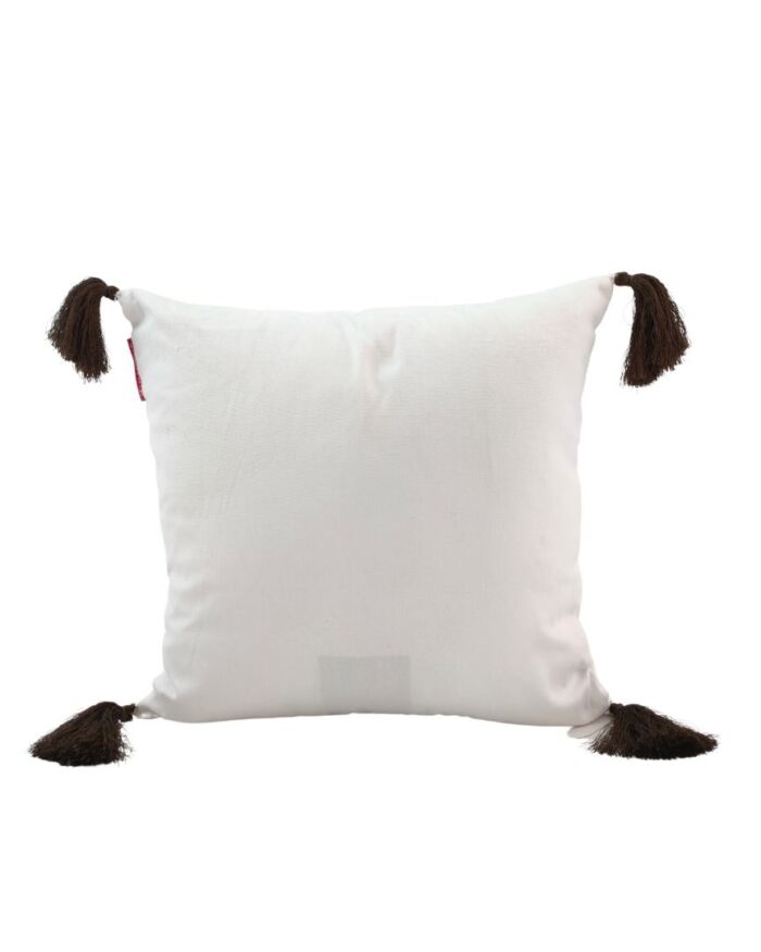 Decorative 45x45cm polyester cushion in white and brown with tassels, CS-138, suitable for indoor and outdoor use by Ramsha Home.