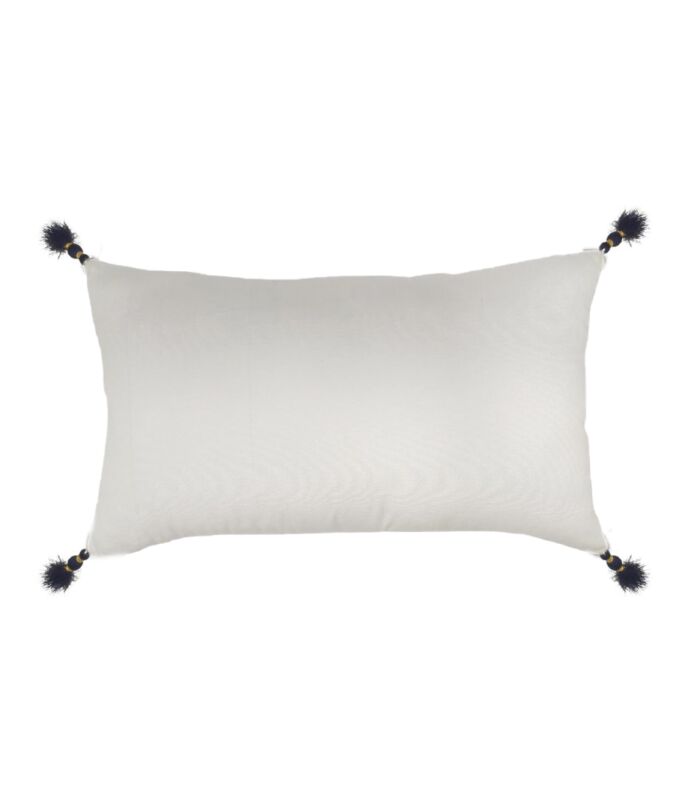 Modern 30x50cm polyester cushion with tassel detailing in cafe white and blue, CS-137, ideal for window seats by Ramsha Home.