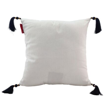 Modern 45x45cm polyester cushion in white and blue with tassels, CS-137, perfect for cafes and window seats by Ramsha Home.