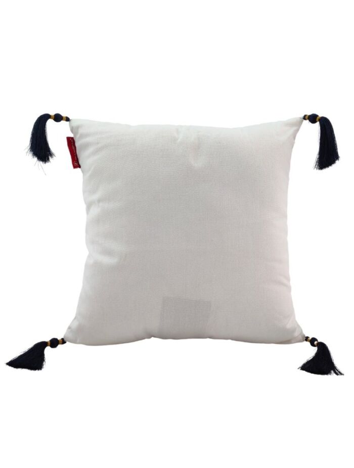 Modern 45x45cm polyester cushion in white and blue with tassels, CS-137, perfect for cafes and window seats by Ramsha Home.