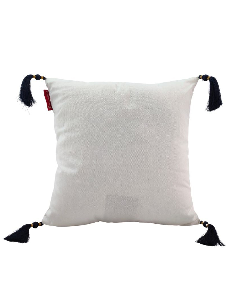 Modern 45x45cm Polyester Cushion with Filler, Tassels, and White and Blue Design (CS-137) for Cafes and Window Seats by Ramsha Home Modern 45x45cm polyester cushion in white and blue with tassels, CS-137, perfect for cafes and window seats by Ramsha Home.
