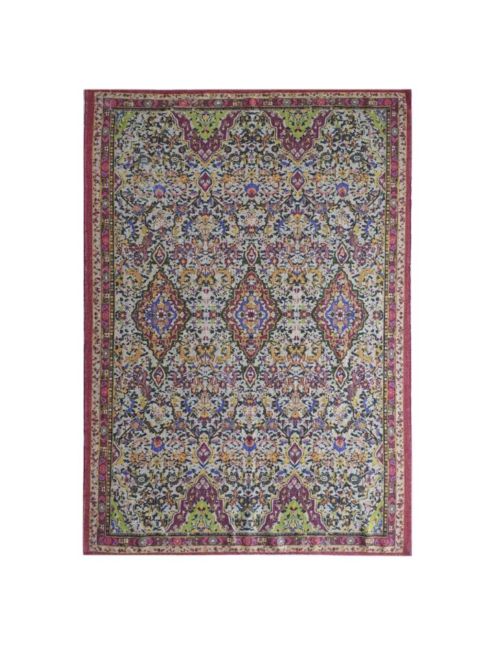 Colorful 170x240cm digital printed rug, DD 001, with a multi-color pattern designed to enhance bedroom interiors by Ramsha Home.