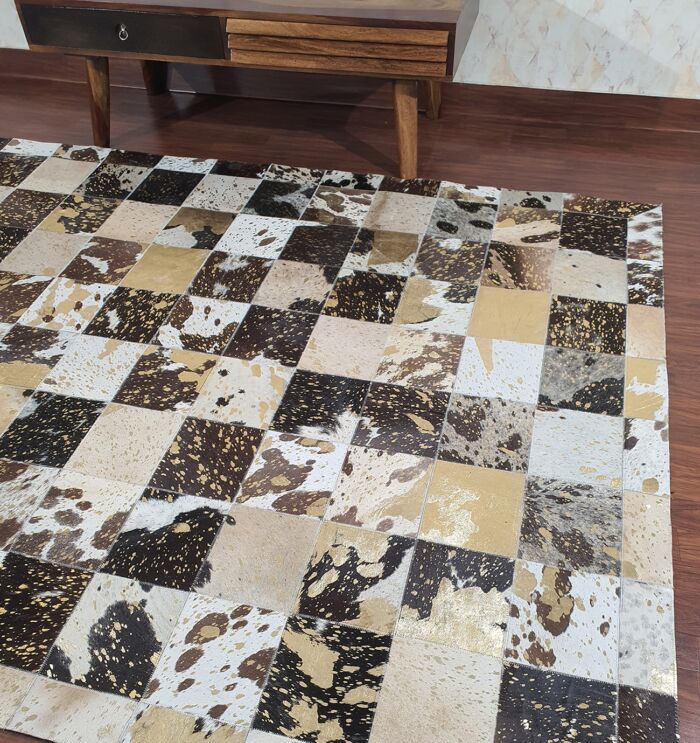 Handcrafted grey and coffee leather rug LR 005 for indoors