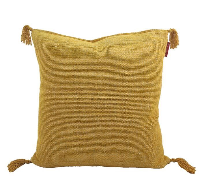 Decorative Yellow Cotton Cushion with Tassels for Home