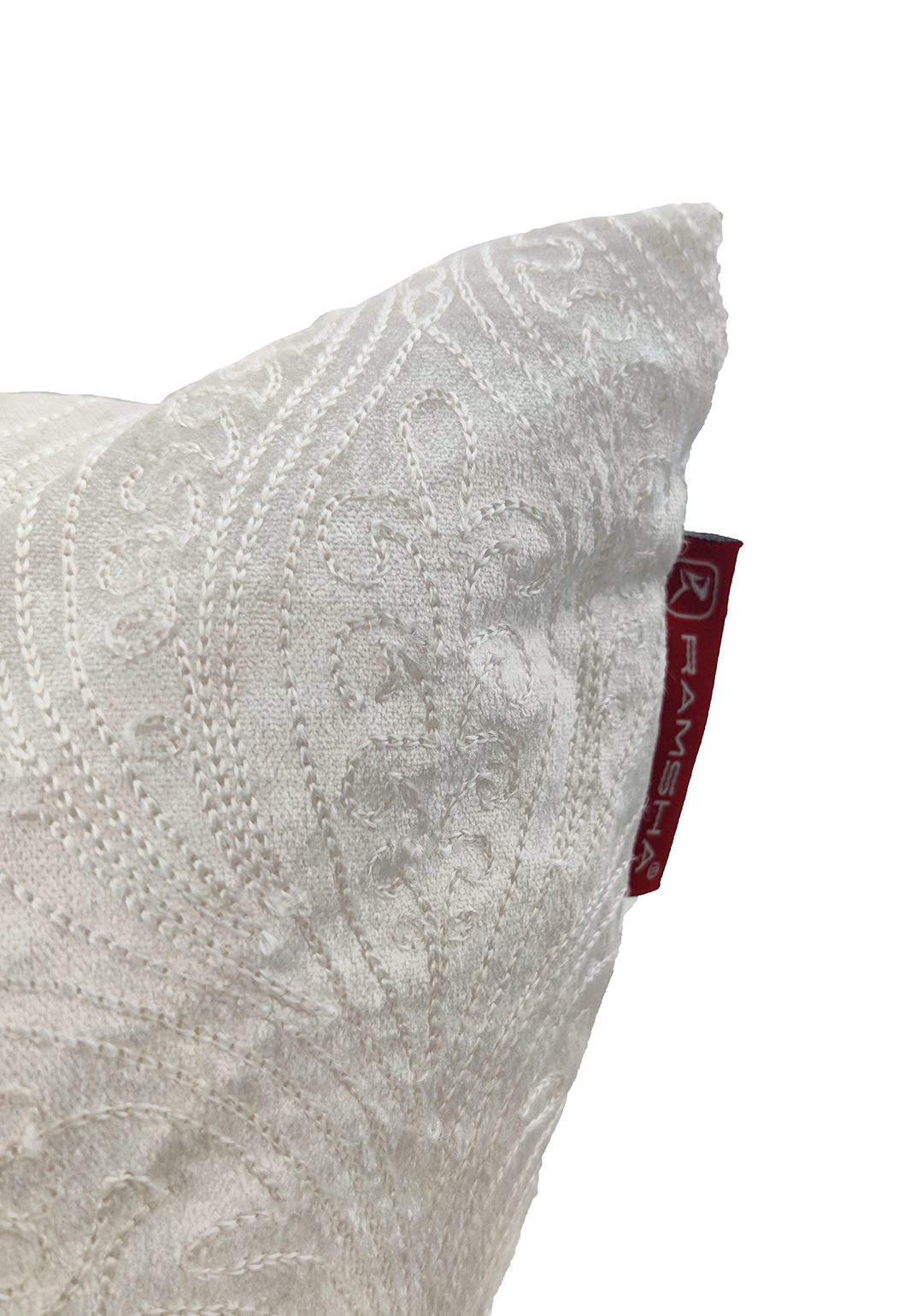 Embroidered White Cotton Cushion CS-266: Delicate Charm for Cozy Spaces White cotton cushion CS-266 with filler, elegant embroidered pattern 45x45cm for stylish interiors by Ramsha Home.