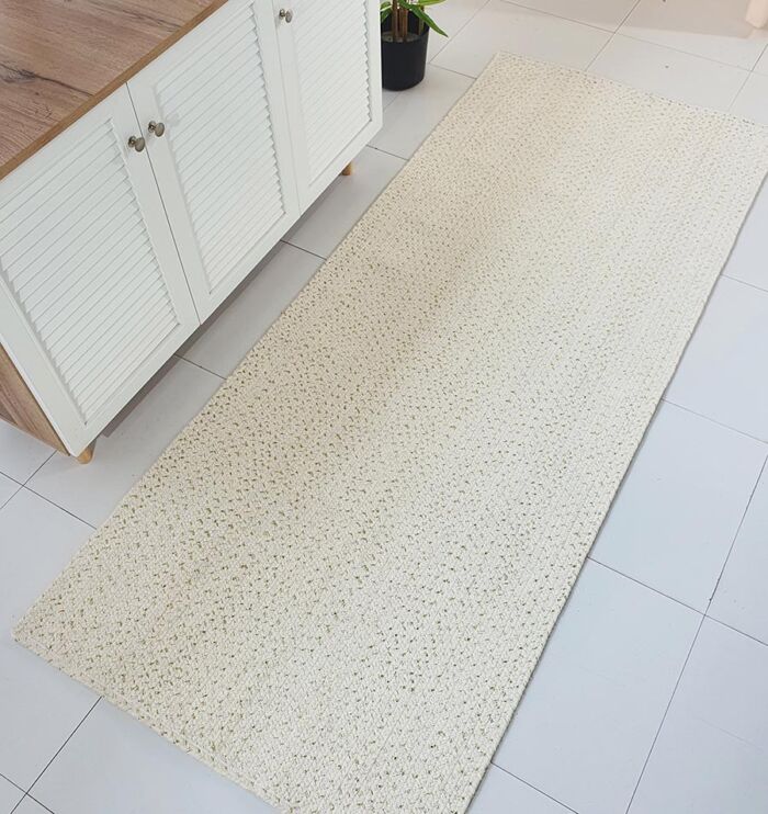 Stylish handmade wool rug with white and gold rope for drawing room - BR 045 (80x200cm) by Ramsha Home