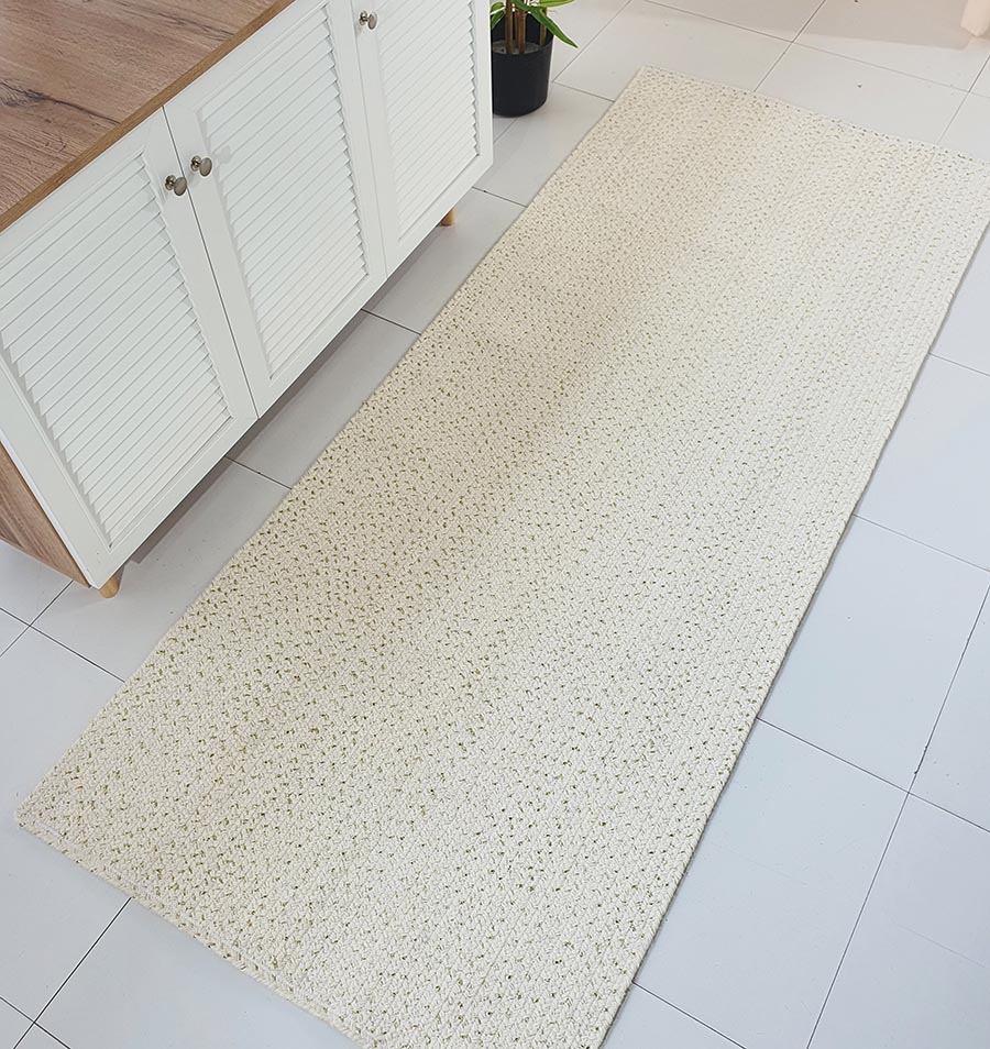 Stylish Braided Wool Rug for Drawing Room - BR 045 (80x200cm) by Ramsha Home Stylish handmade wool rug with white and gold rope for drawing room - BR 045 (80x200cm) by Ramsha Home