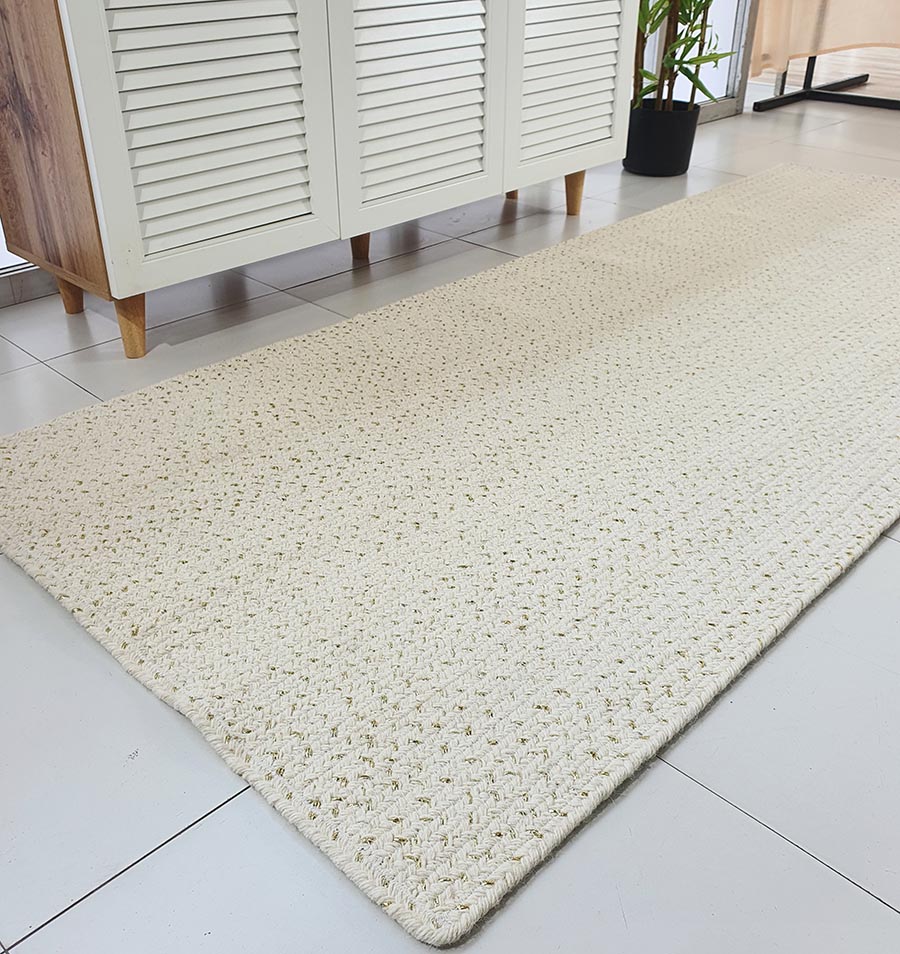 Cozy White & Gold Rope Wool Rug for Bedroom Decor - BR 045 (80x200cm) by Ramsha Home Amazing Handmade White & Gold Rope Wool Floor Braided Rug - BR 045 (80x200cm)