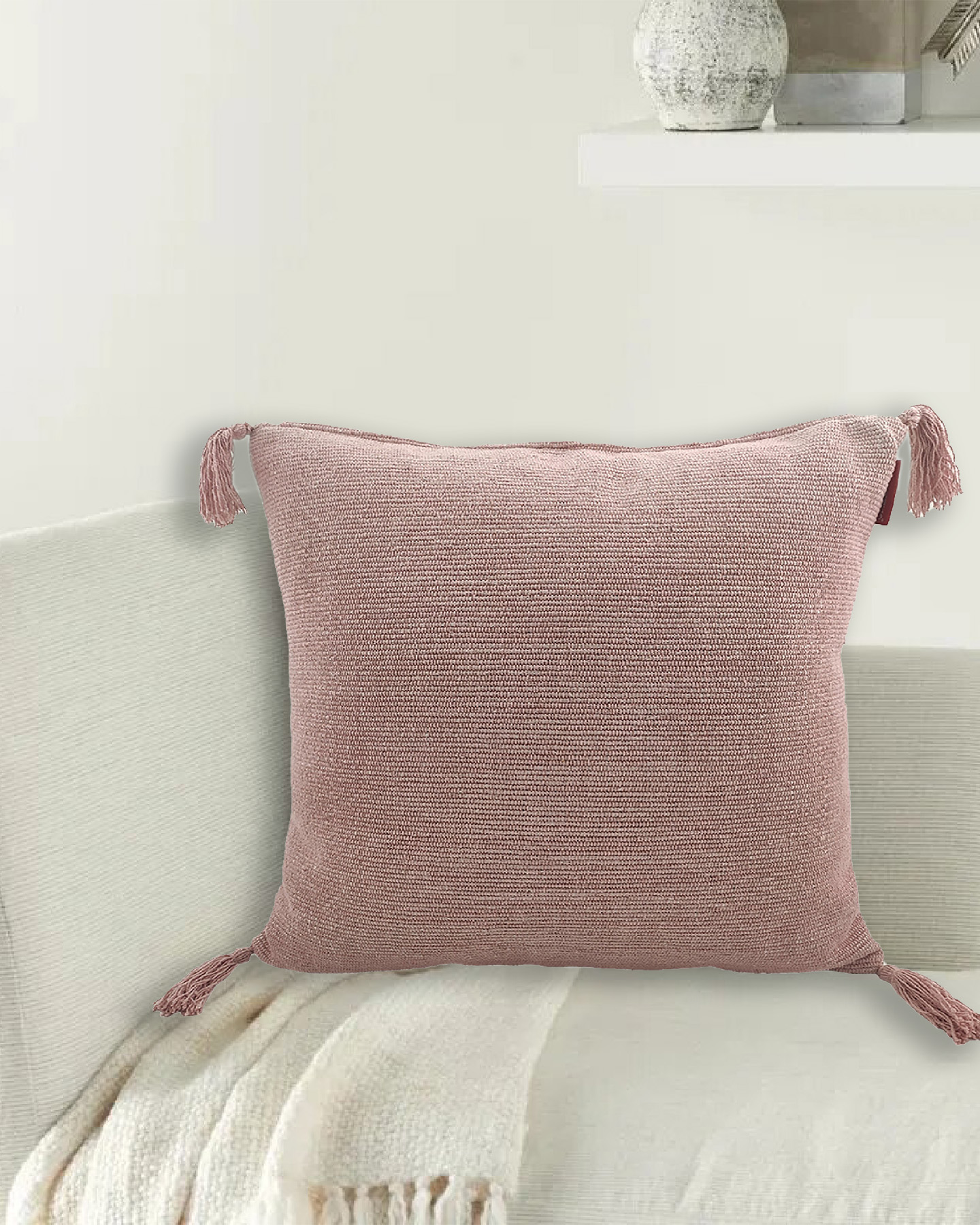 Soft Pink Cotton Cushion with Tassels for Home (55X55cm) Comfortable Cushion for Window Seat, Bed or Floor