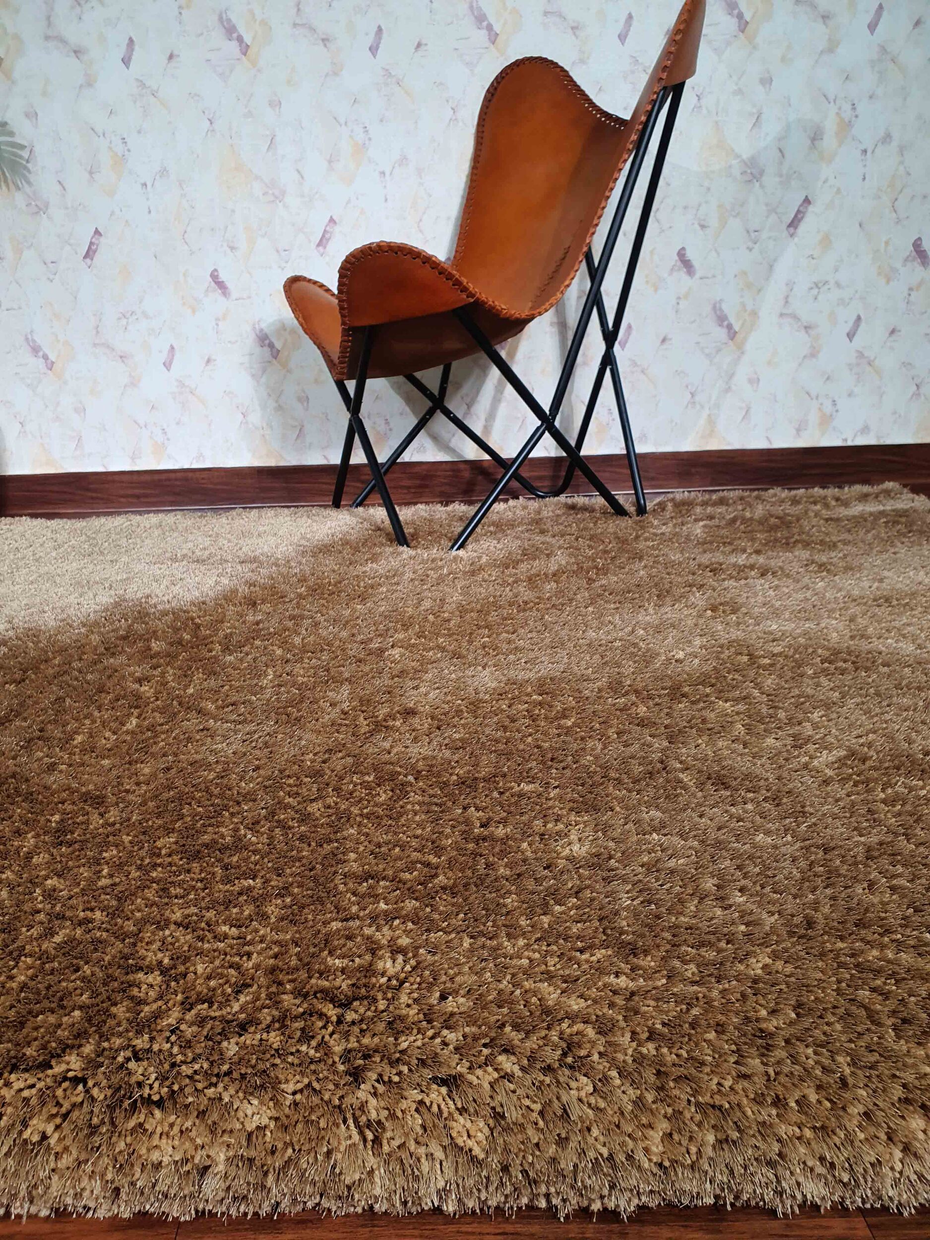 Elevated Comfort: Sideways View of MPS-03 A Beige Shaggy Rug with Leather Chair - Ramsha Home Sideways View of MPS-03 A Beige Shaggy Rug with Leather Chair - Ramsha Home