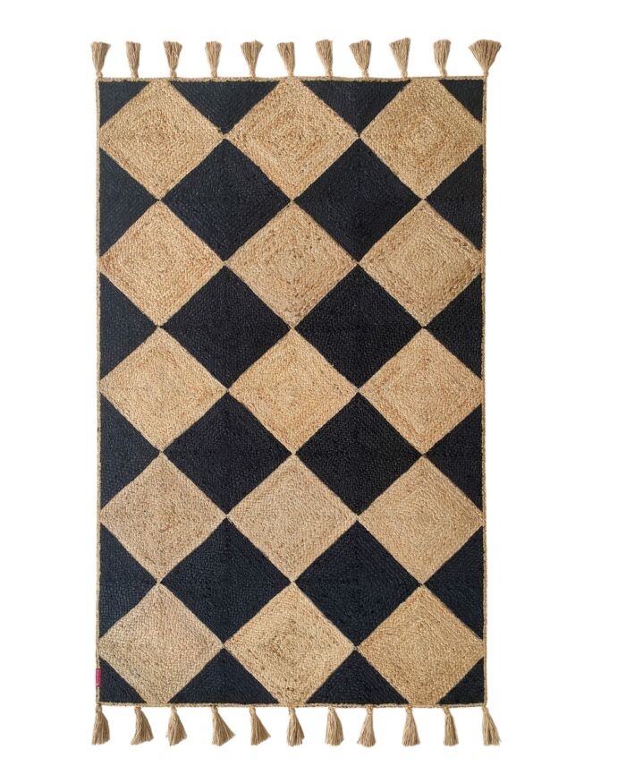 Handmade Natural & Black Color Jute Braided Rug with Tassel - BR 030 (120x200cm)