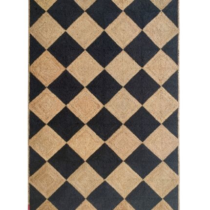 Handmade jute rug living room with black and natural braided design.