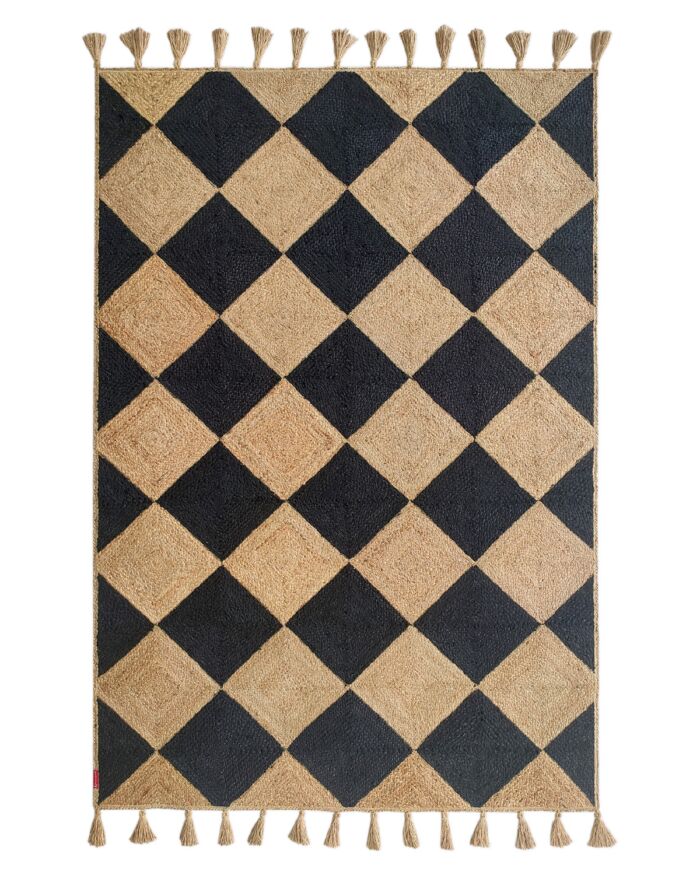 Handmade jute rug living room with black and natural braided design.