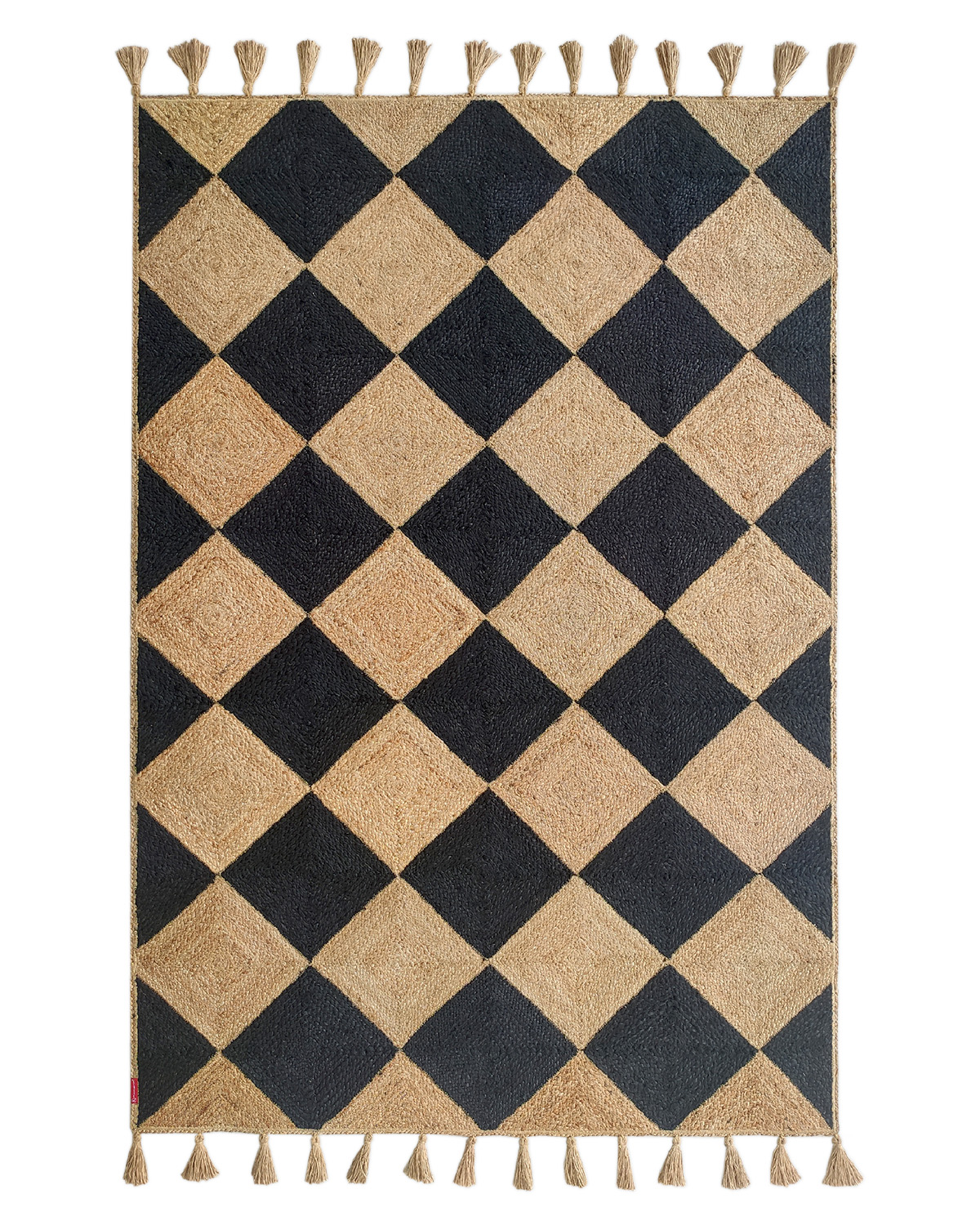 Handmade Braided Jute Rug Living Room - Natural & Black with Tassels (160x240cm) Handmade jute rug living room with black and natural braided design.
