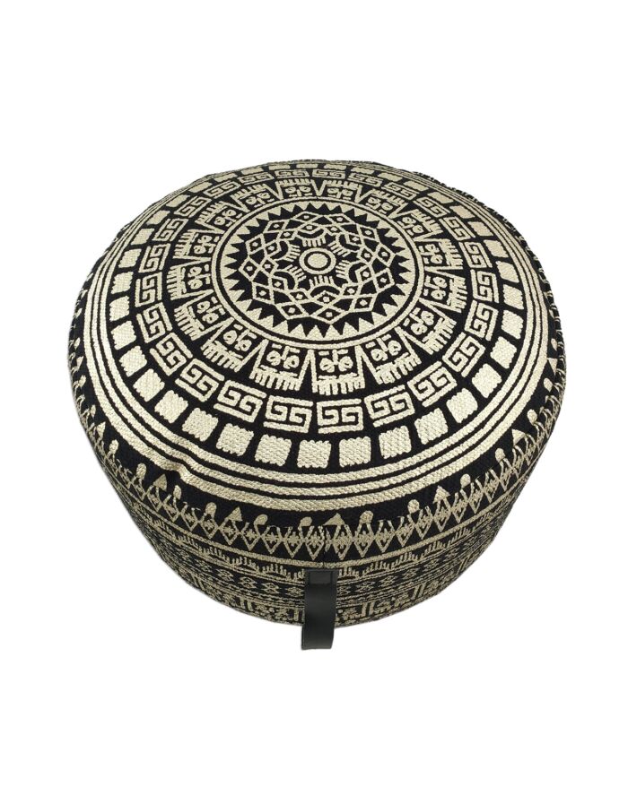 Black and gold color printed home area pouf, 50x50x30cm.