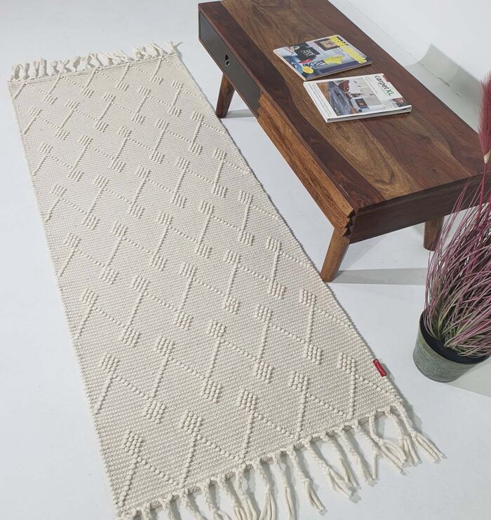 Natural White Color Wool & Cotton Woven Rug - SRN 005 (80x200cm)