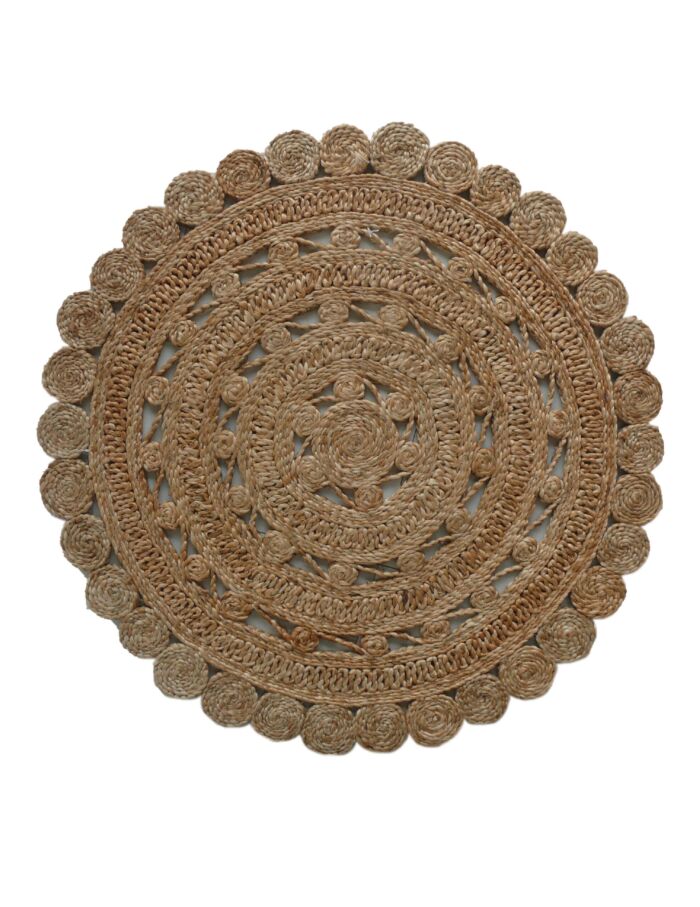 Elegant handmade round crochet rug, 110cm, perfect for entryway decor by Ramsha Home.