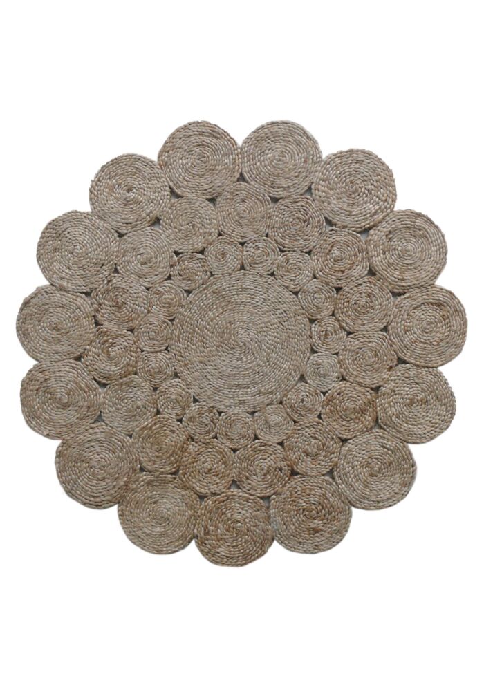 Elegant handmade round crochet rug, 130cm, perfect for indoor decor by Ramsha Home.