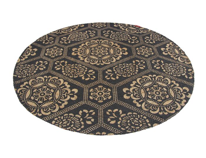 Stylish handmade round rug BR 066 with natural and black braided jute print, 120 cm by Ramsha Home