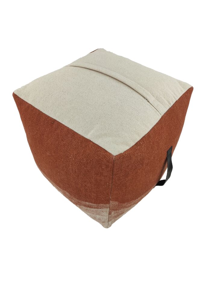 Square Cotton Pouf with Leather Handle in Rust and Off White