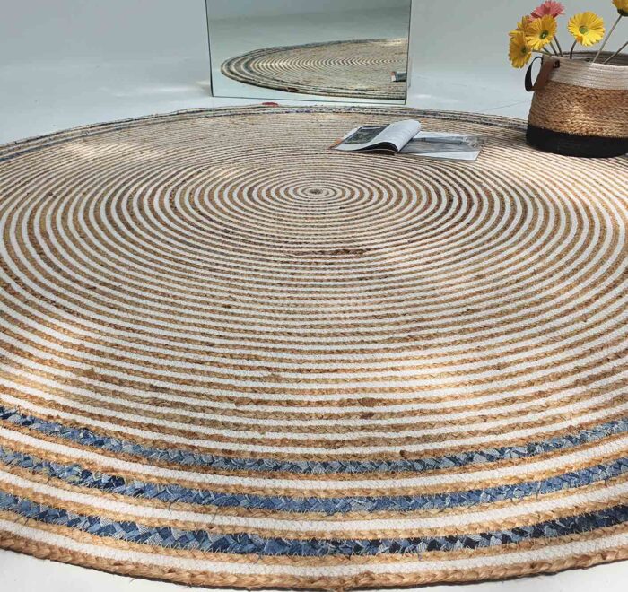 Amazing Handmade Natural, White & Blue Cotton-Jute Round Braided Rug - BR 065 (200cm) - Image 4
