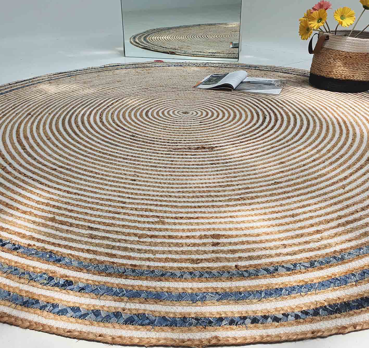 br-065(2) Amazing Handmade Natural, White & Blue Cotton-Jute Round Braided Rug - BR 065 (200cm) - Image 4