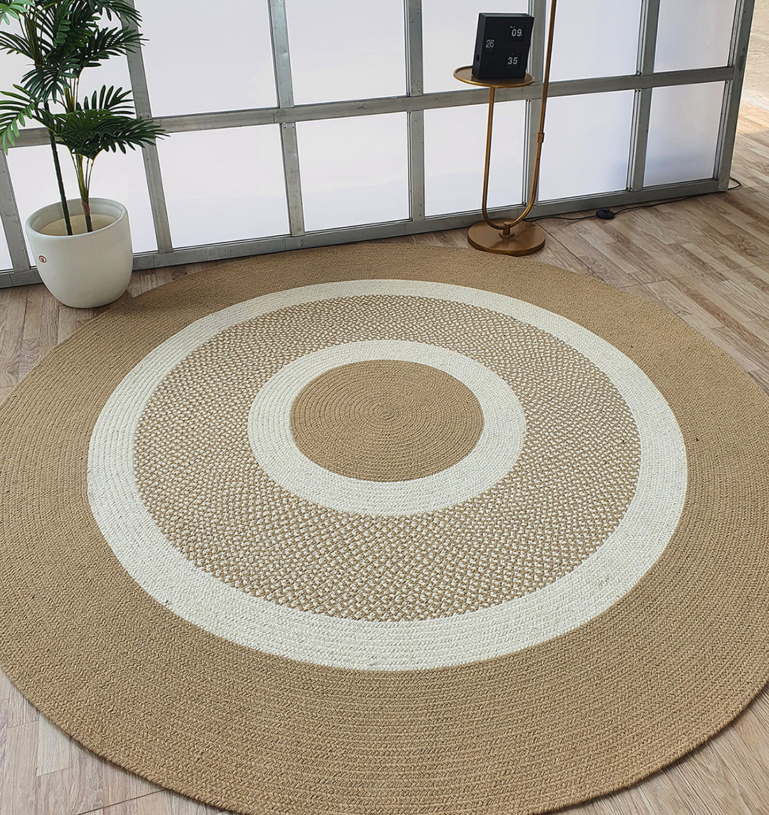 Handmade Braided Wool Floor Rug - BR 063: Natural & White, Round Shape Handmade Braided Wool Floor Rug - Design No. BR 063, Natural & White, Round Shape