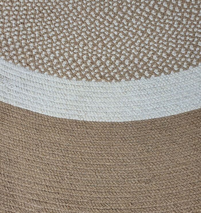 Close-up of Handmade Braided Wool Floor Rug - Natural & White, Round Shape