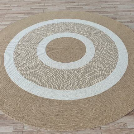 Sideways View of Handmade Braided Wool Floor Rug - Natural & White, Round Shape by Ramsha Home
