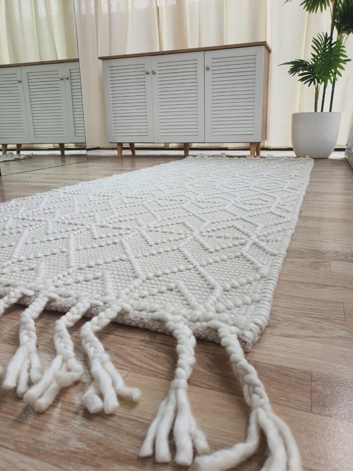 Natural white bedroom decor woven rug with fringes SRN 007 (80x200cm) by Ramsha Home