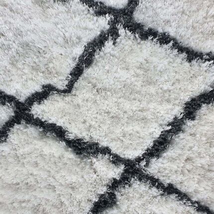 Close-up View of Ramsha Home's White and Black Line Shaggy Rug - Polyester & Cotton Blend - 150 CM Round