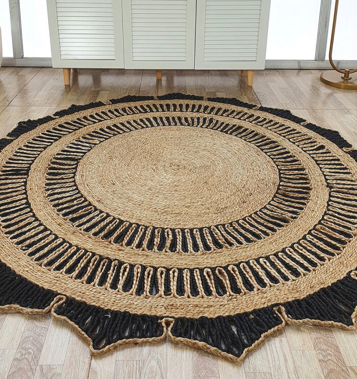 Natural & Black Crochet Jute Floor Round Rug - CR 012 (200cm)