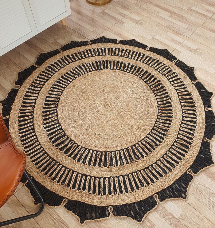 Handmade natural and black jute floor rug CR-012 (200cm) for home decor