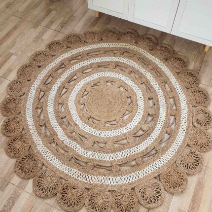 Top View of Ramsha Home's Natural Color Jute Area Rug CR-014 - 150cm Round with White Designs
