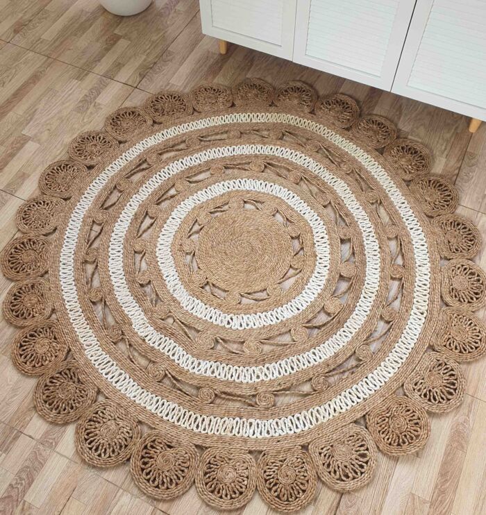 Top View of Ramsha Home's Natural Color Jute Area Rug CR-014 - 150cm Round with White Designs