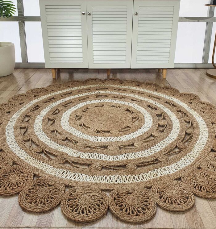 Side View of Ramsha Home's Natural Color Jute Area Rug CR-014 - 150cm Round with White Accents