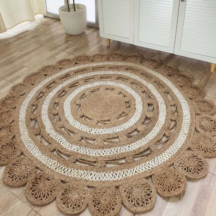 Sideways View of Ramsha Home's Natural Color Jute Area Rug CR-014 - 150cm Round with White Designs