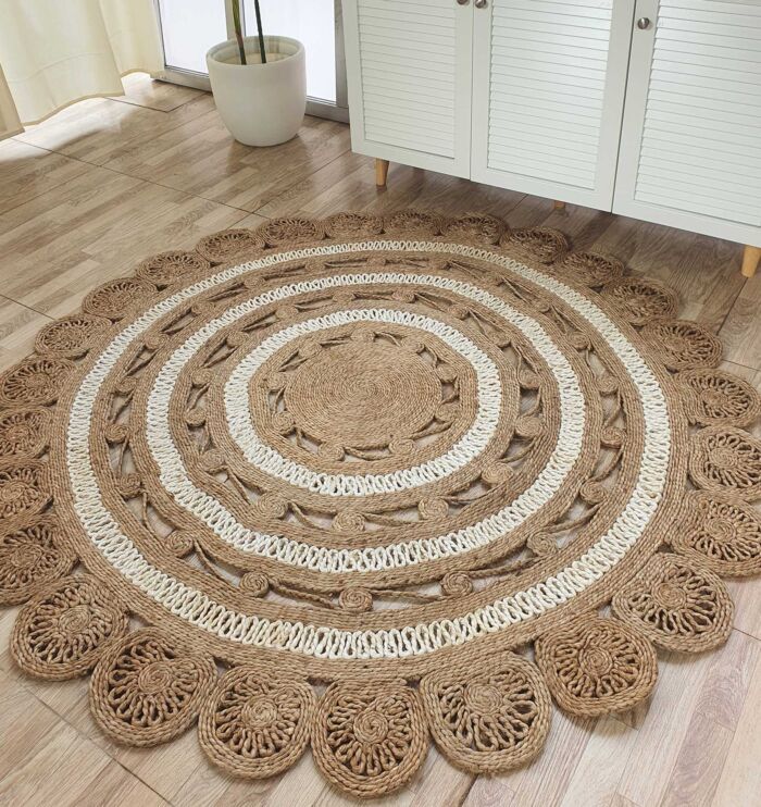 Sideways View of Ramsha Home's Natural Color Jute Area Rug CR-014 - 150cm Round with White Designs
