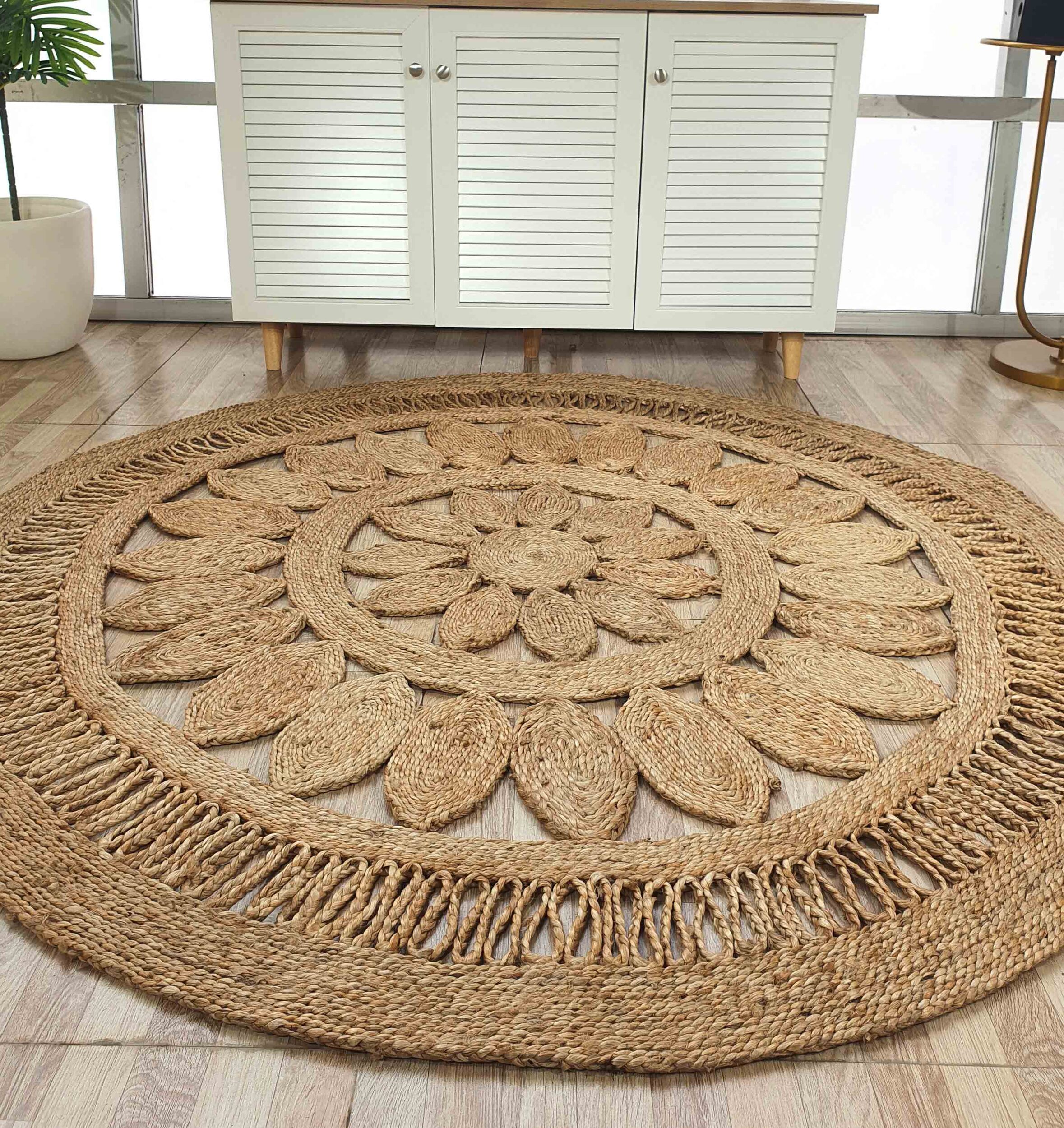 Cozy Indoor Vibes: Ramsha Home's Natural Color Jute Area Rug CR-015 - 150cm Round with Small Drawer Ramsha Home's Indoor Setting: Natural Color Jute Area Rug CR-015 - 150cm Round
