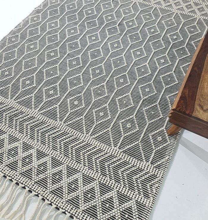Handcrafted black & natural color wool & cotton woven rug SRN 018 (200x300cm) by Ramsha Home