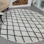 Ramsha Home's White and Black Line Shaggy Rug in Cold Area House - Polyester & Cotton Blend - 150 CM Round
