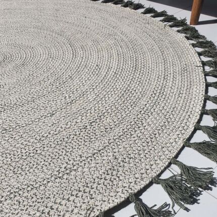 Side Close-up of Green and White Braided Circular Rug - Ramsha Home