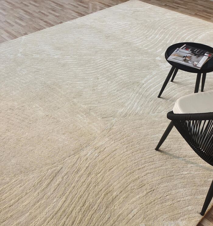 Aerial View of Multi-Colored Handmade Rug HTWV-71 with Modern Furniture by Ramsha Home