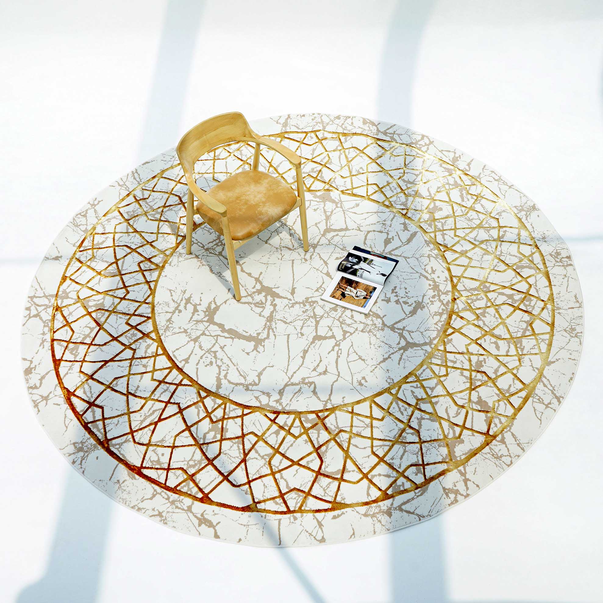 L_CARPET-09912 Cream & Gold Color Round Shaped Turkish Machine Made Rug - MZ67C - الصورة 6