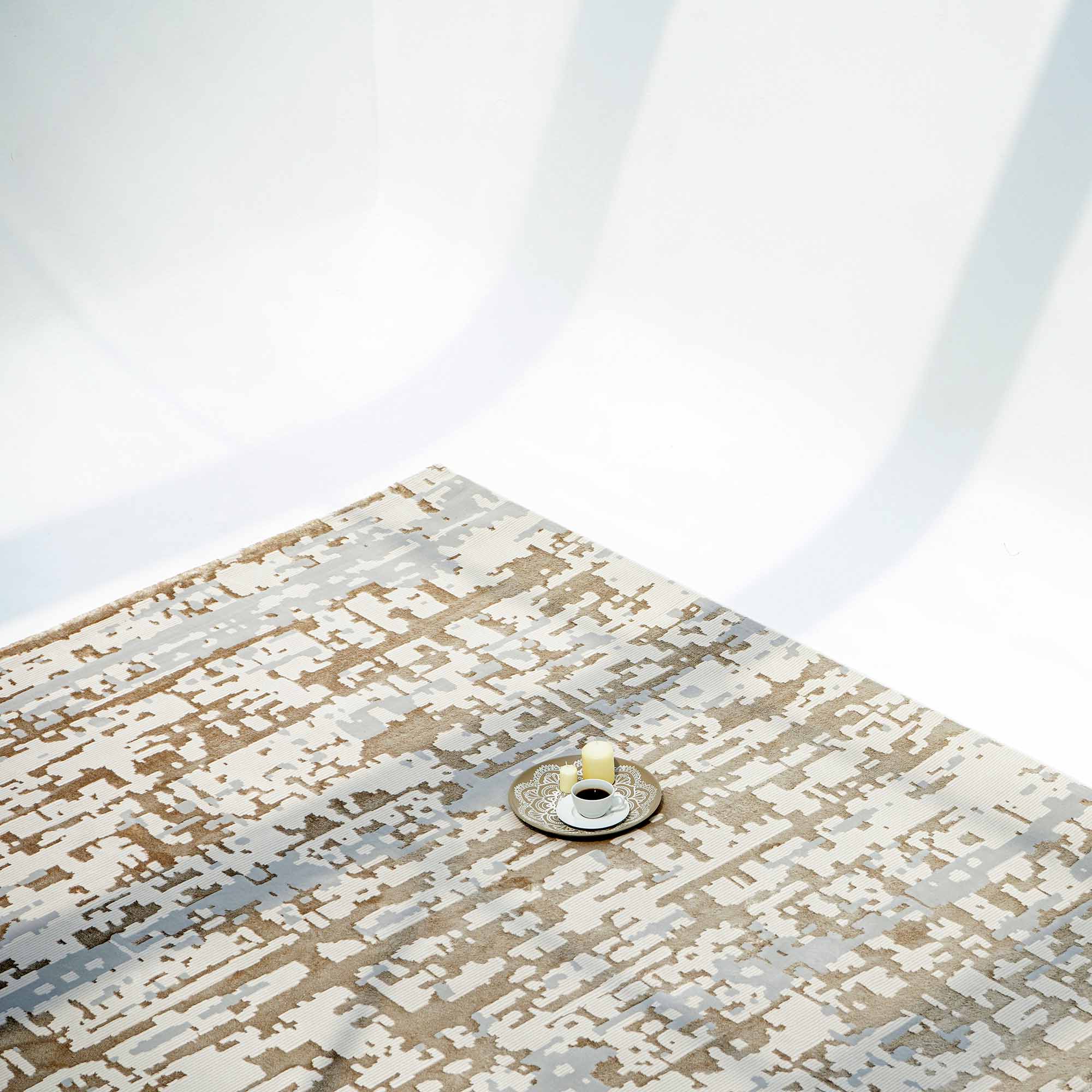 Elegant Abstract Pattern Cream Color Machine Made Rug MZ40K, designed for modern bedroom decor with a sophisticated touch. Stunning Abstract Pattern Cream Color Machine Made Rug For Bedroom – MZ40K