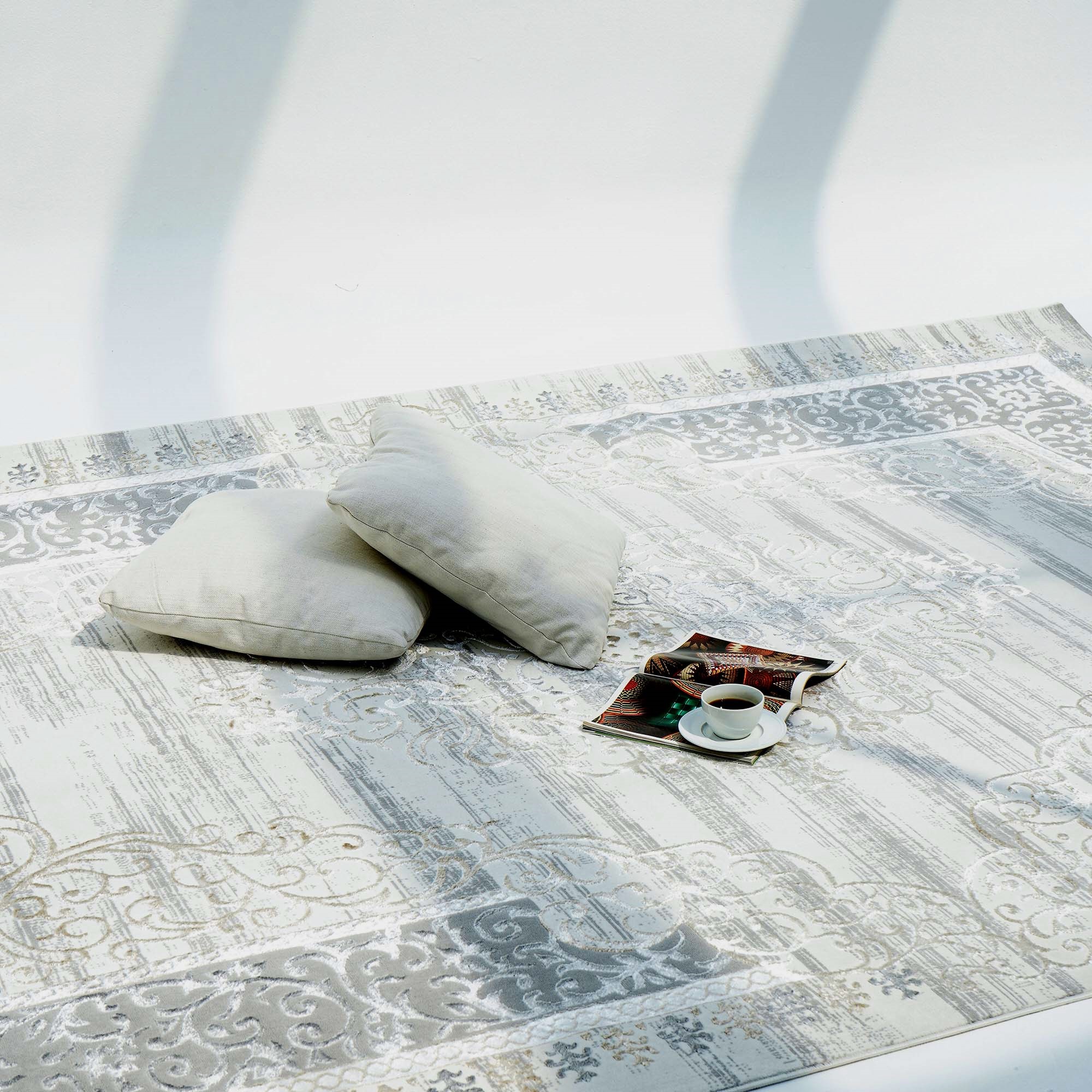 Luxurious cream and gold Turkish machine-made rug, NK36B, perfect for elegant bedroom decor. Luxurious Cream & Gold Color Turkish Machine Made Rug for Bedroom - NK36B