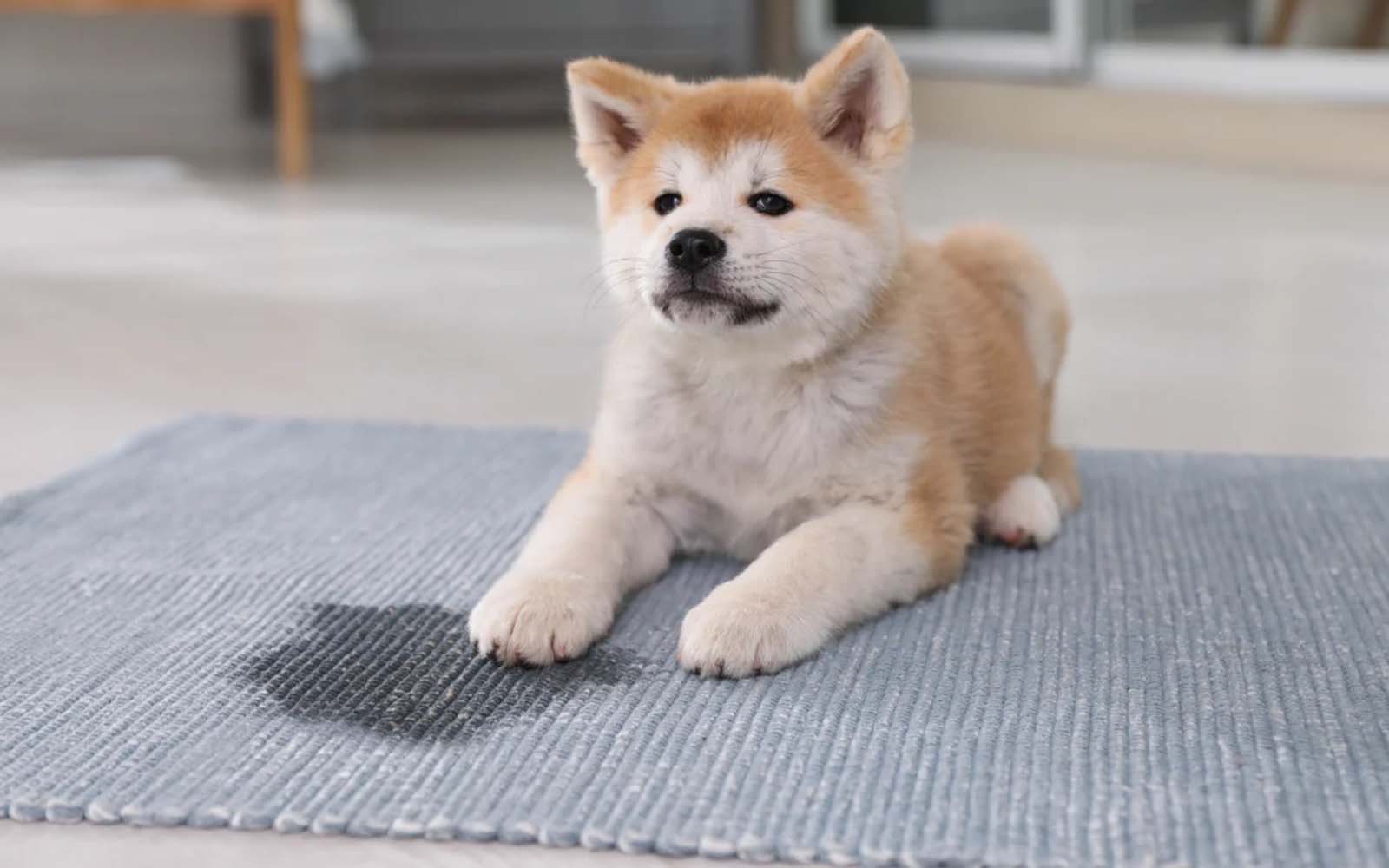 Carpet Cleaning Rescue: Tackling Pet Accidents A dog standing on a rug that has a visible urine stain