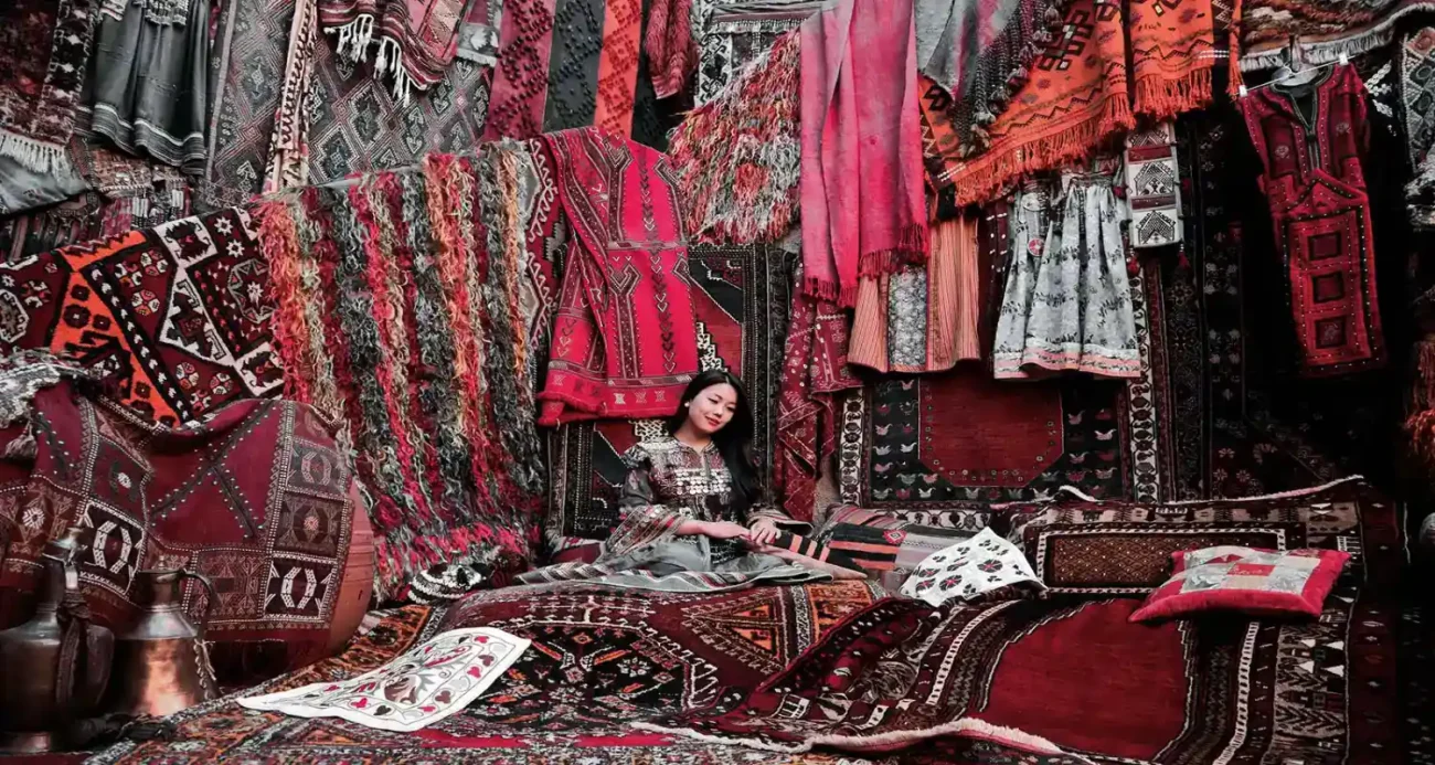 Exquisite Persian rugs with intricate patterns, adding elegance and history to a living room.