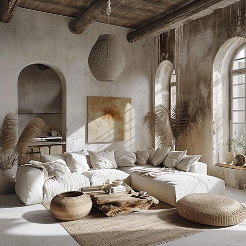 Modern Boho Living Room with Artistic Decor Cozy modern boho living room featuring a stylish rug and eclectic decor.