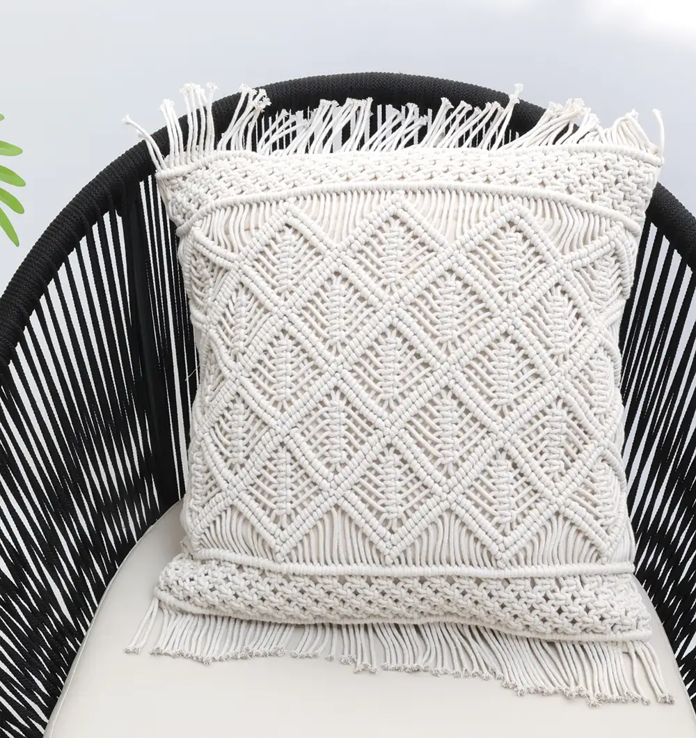 Natural White Macrame Cushion – Handcrafted Elegance & Cozy Charm Natural white macrame cushion with handcrafted detailing, soft texture, and stylish home décor appeal.